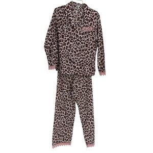 TART INTIMATES Leopard Print Pajama Set Size M women Pants Top Brown Pink Lace